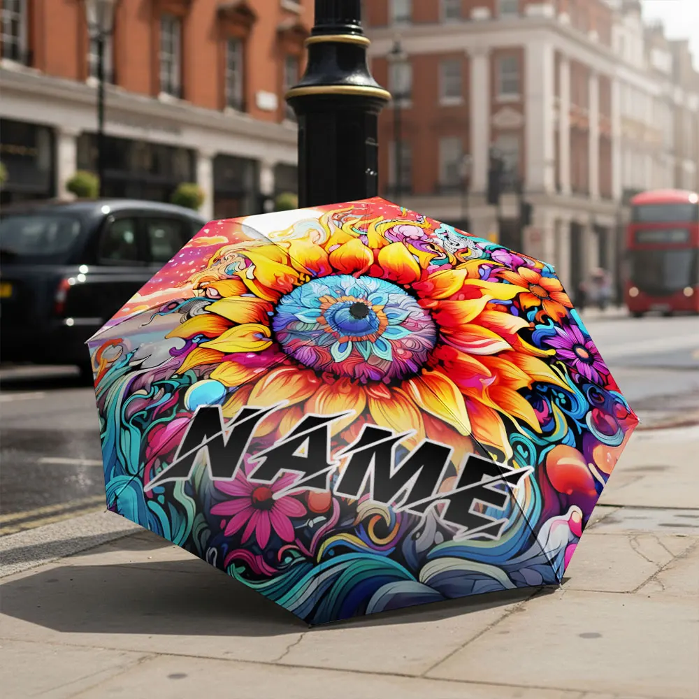 Custom Name Umbrella Psychedelic Colorful Sunflower Surreal Floral Sunset Print Folding Travel Parasol Vibrant Boho Style gift