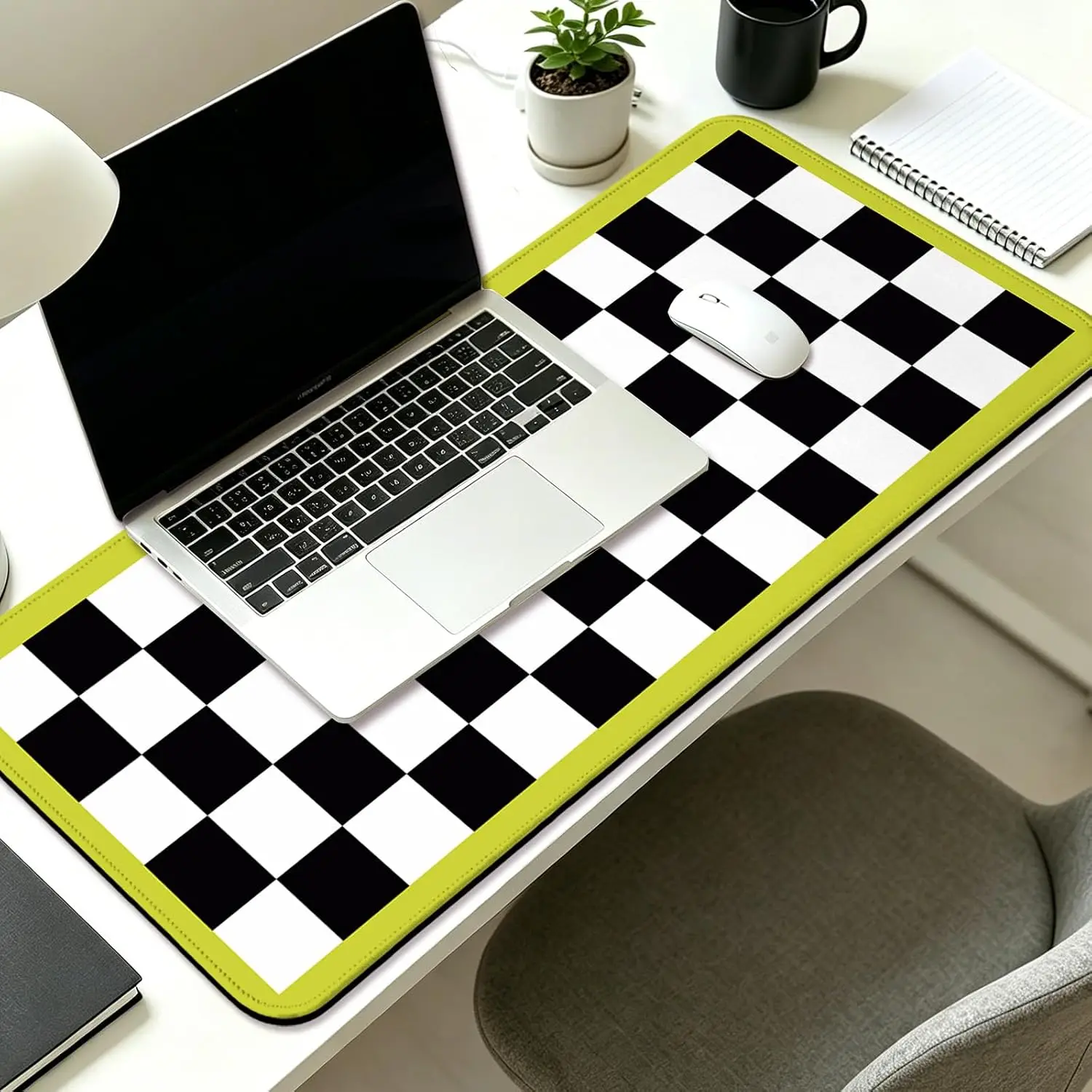 Retro Checkered Gaming Mouse Pad, Black White Check Print Decorated With Lime Green Frame, Non‑Slip Smooth Edge Mat Home Gaming