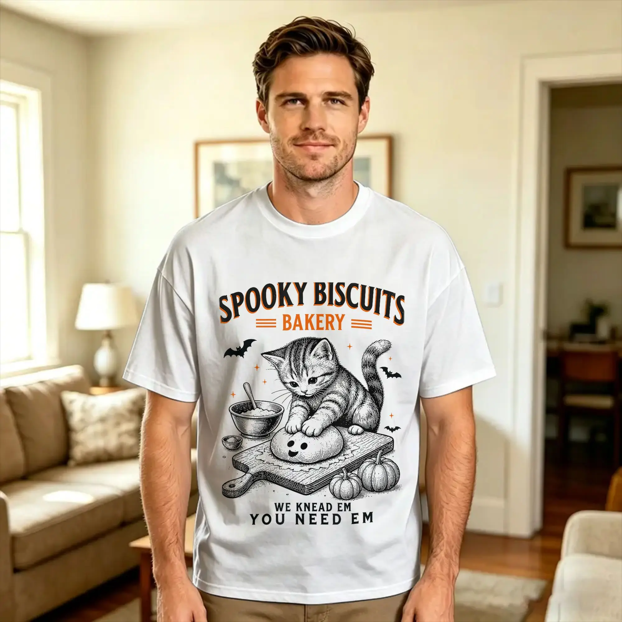 Couple T Shirt Kitty Biscuits Cute Cat Baking Halloween Fall Spooky Bakery T-Shirts Harajuku  Summer Tee 100% Cotton Clothing