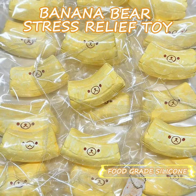 

NOW ENJOY 1Pc Handmade relaxing bear expression banana fruit silicone squeeze toy with buttery texture squeeze toy stress relief