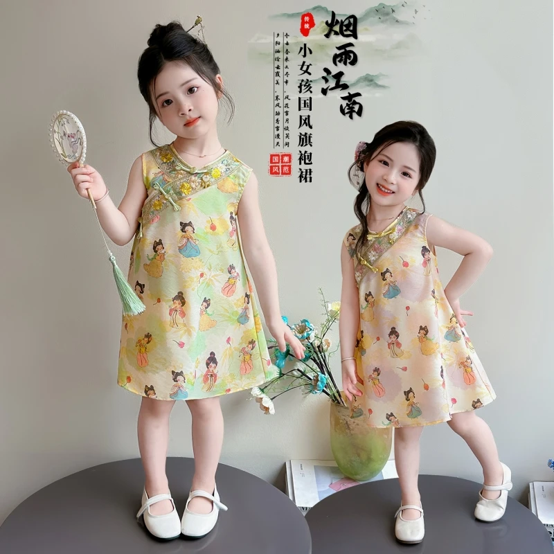 Little Girl Sleeveless New Chinese Qipao Dress Summer Vintage Cartoon Figure Print Kids Traditional Cheongsam Dress 3-6Y