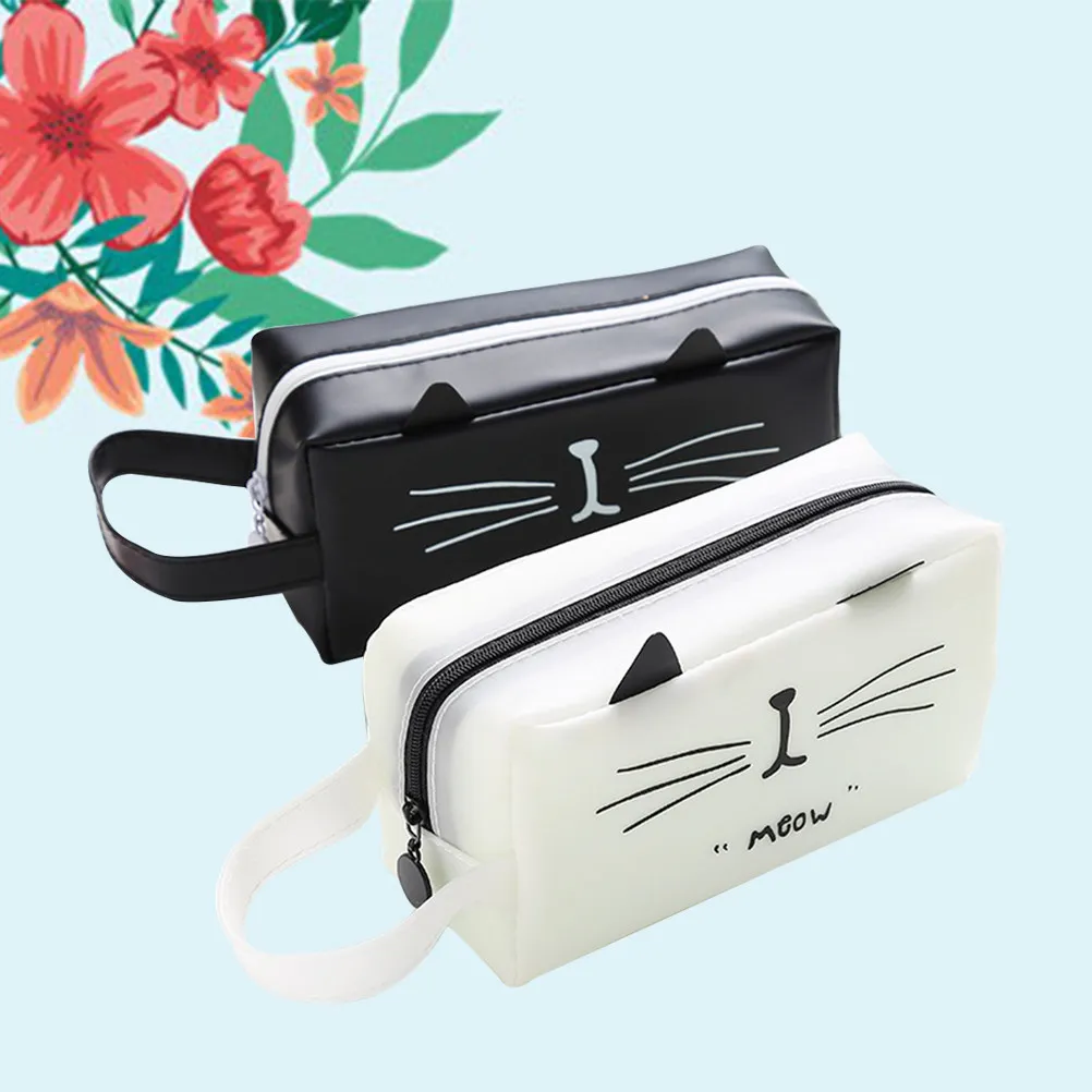 2Pcs Pencil Organizer Cat Face Pattern Letters Design Silicone Zipper Bag Side Handle Portable School Stationery Pencil Pouch