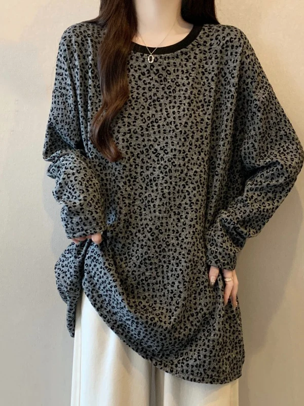 Elegant Grey Leopard Print Long Sleeve T-Shirt Women's plus Size Shoulder Length Korean Style Commute Fashion Loose Fit Top