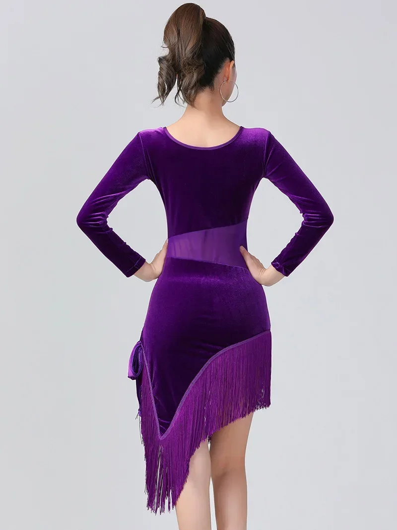 เครื่องแต่งกายหญิงผู้ใหญ่เกาหลีกํามะหยี่พู่ Dancewear STAGE Performance เซ็กซี่ตาข่าย Splice ชุดเครื่องแต่งกายผู้หญิงเต้นรําละติน