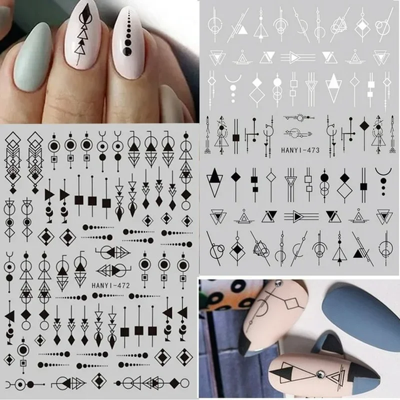 Back Glue Stickers 3D Nail Stickers Black White Geometric Drawings Designs Nail Decals Decoration For Nail Art  Beauty