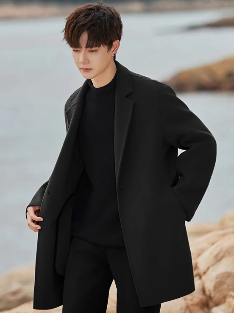 Men's Double-Sided Non Cashmere Thickened Autumn Winter Woolen Coat Medium Length Short Style Fashion Urban Style Casual Wear