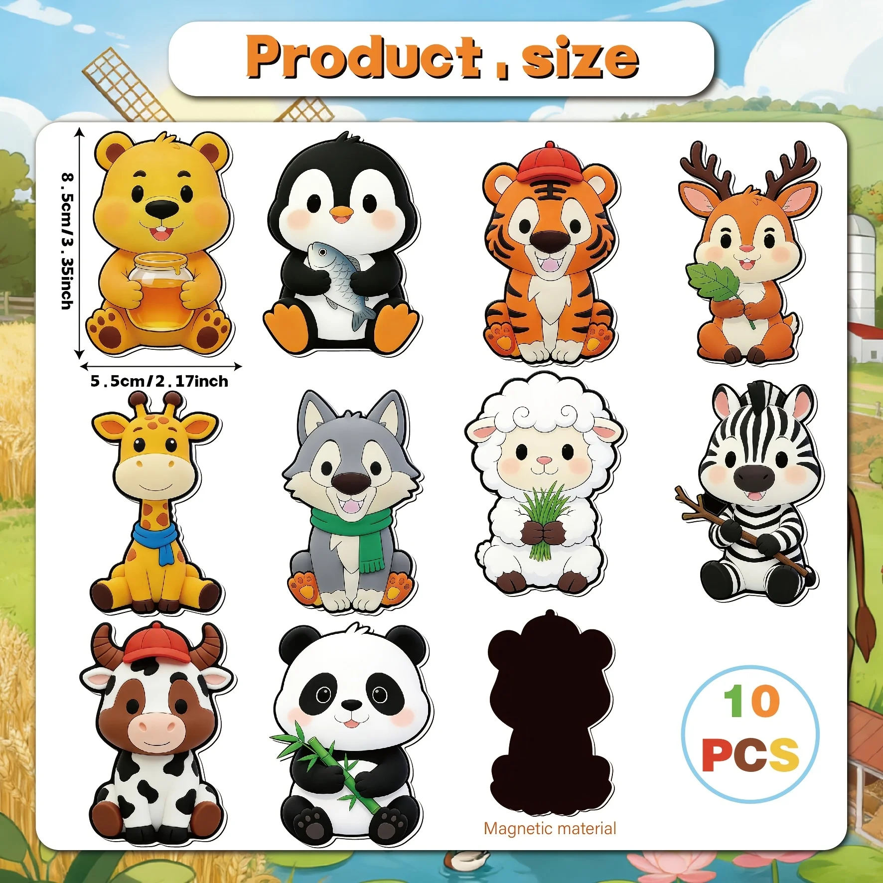10 animal magnets for interactive decor & learning. Durable, easy to use/clean. Sticks to fridge & metal.
