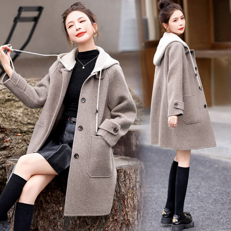 Casual Double-Faced Woolen Coat Spring Autumn Winter Ladies Mid-Length Hooded Long Sleeve Sweater Jacket Simple Design