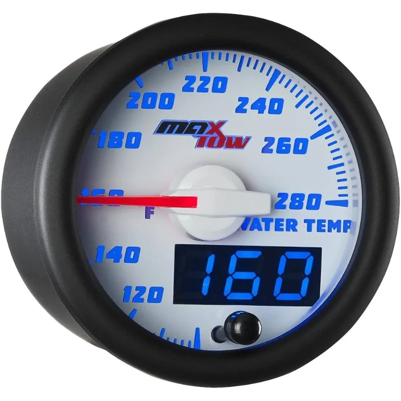 

MaxTow Double Vision 280 F Water Coolant Temperature Gauge Kit - Includes Electronic Sensor - White Gauge Face - Blue LED Illumi