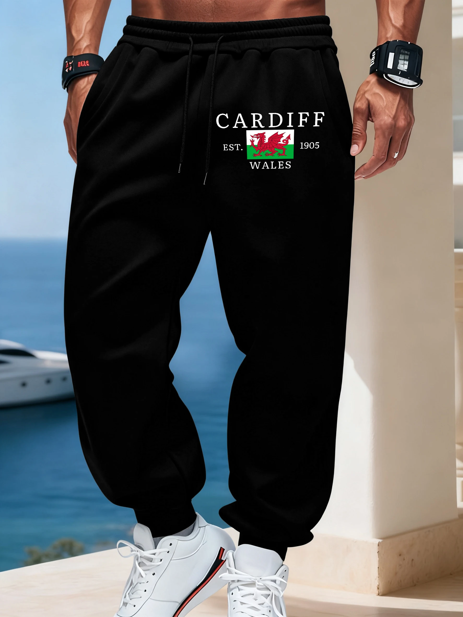 

Cardiff Red Dragon Flag Prints Man Casual Basics Sportpants Warm Sport Britches Comfy Street Long Pant Pocket Fleece Sweatpants
