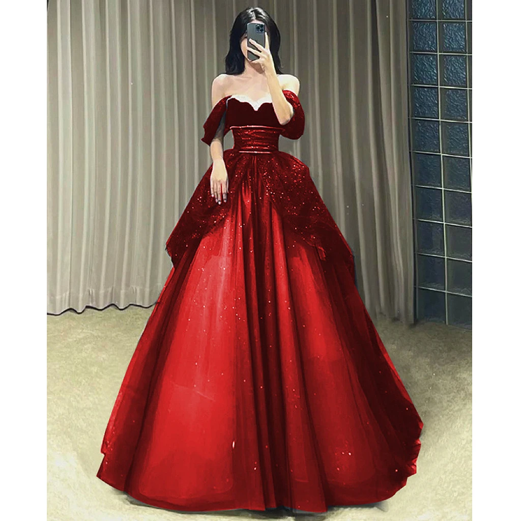 Vestido de noche azul marino con lentejuelas Empire Off Shoulder para mujer, moda ostentosa para mujer, vestido de princesa Sexy de tul de lujo para