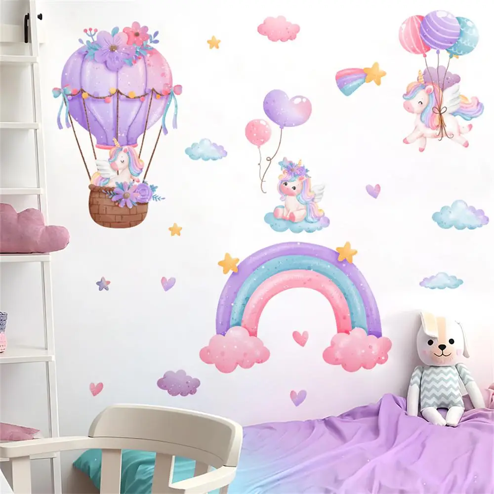 Unicorn Rainbow Hot Air Balloon Wall Stickers For Children's Room Kids Bedroom Girl Room Decor Removable Poster Home Decoration