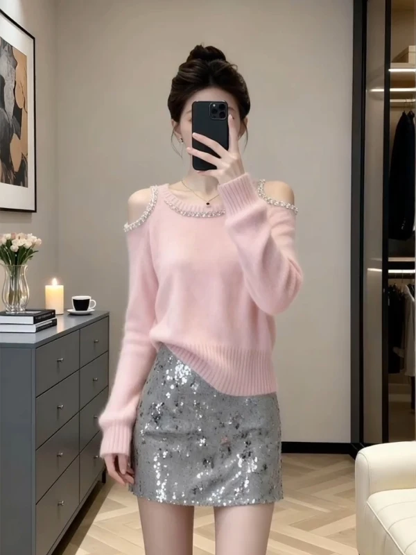 

Милый розовый трикотаж с блестками и плечами, женский свободный мягкий уютный свитер, осень-зима, ленивый рукав для похудения, молодой выглядящий