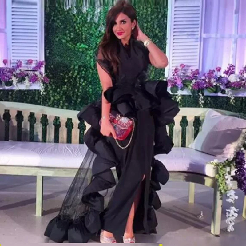Saudi Arabia Black Evening Gowns Ruffles Train Satin And Tulle Front Split Prom Dresses Robe De Soiree Formal Party Dress