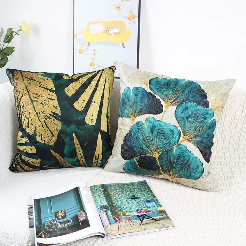 Promotion! Square Throw Pillow Covers Pack Of 4 Green And Gold Leaves Cushion Covers Linen Sofa Cushions 45Cm X 45Cm