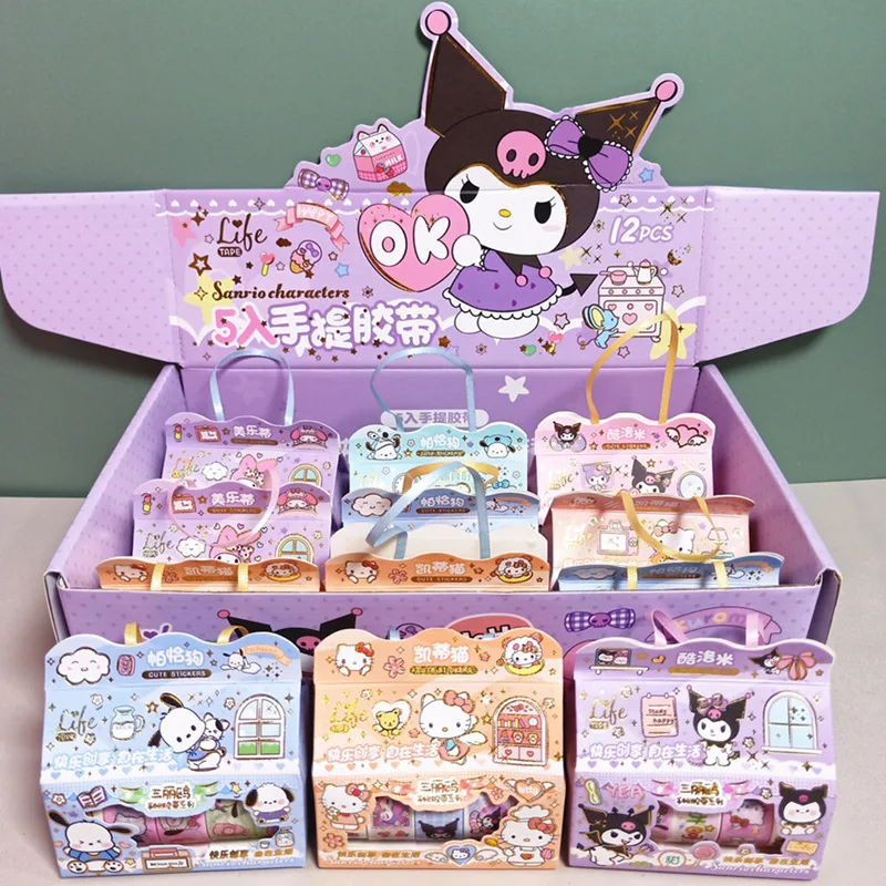 12pcs Sanrio Family Kuromi Melody Cinnamoroll Kitty Mini Sticker Tape Diy Ledger Wholesale Of Student Home Stationery Sets