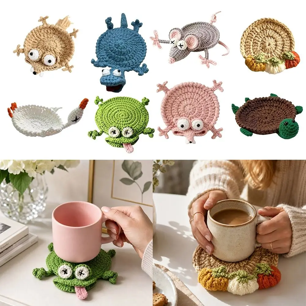 Handmade Crochet Craft Crochet Animal Coaster Soft Knitted Non-slip Base Cute Cartoon Cup Mat Animal Shape Design