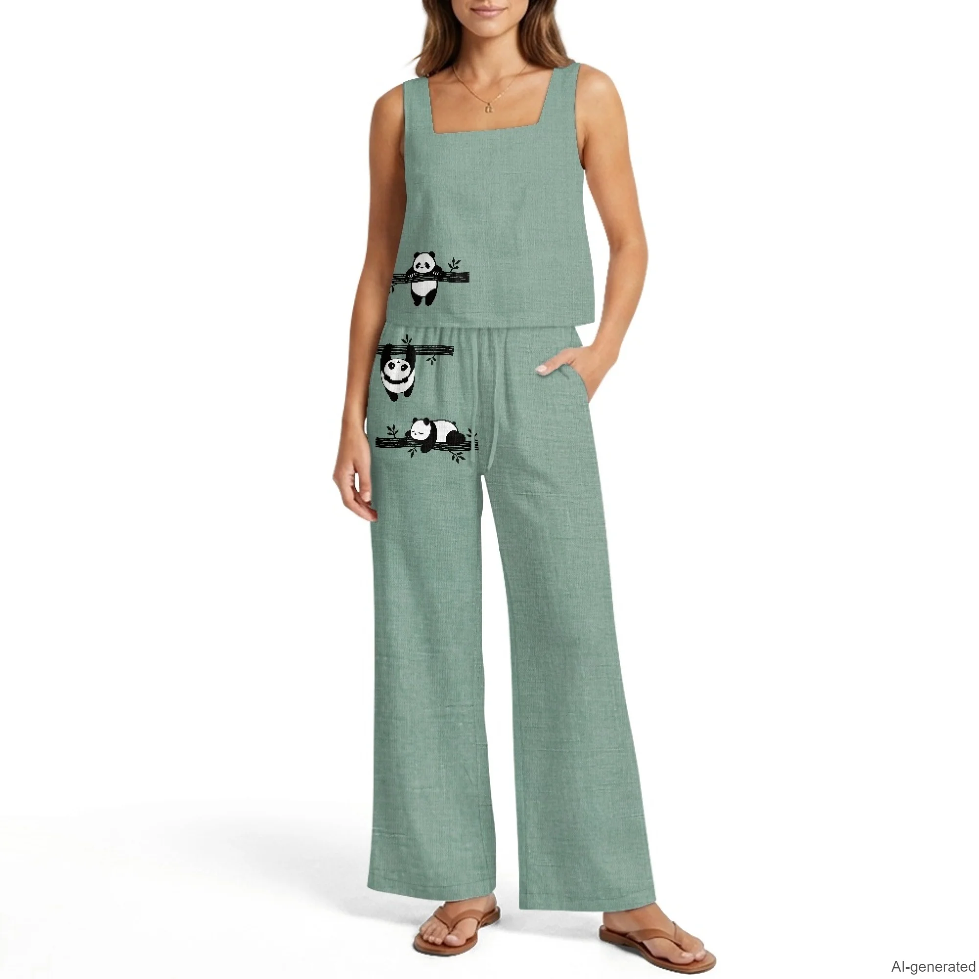 INSTANTARTS Women's Vest Wide-Leg Pants Linen Suit 2Pc Summer Casual Outfits Panda Print Sleeveless Vest Wide Leg Pants S-2XL