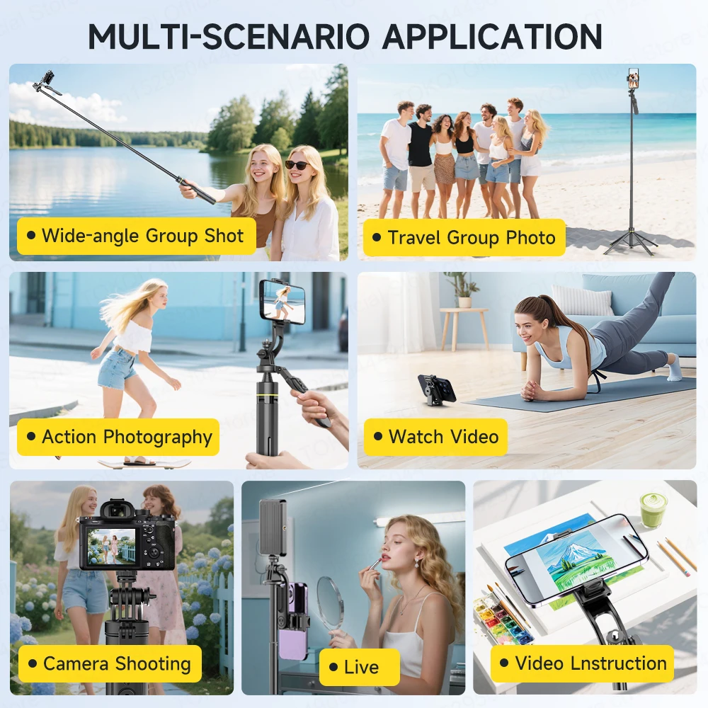 TOKQI Auto Pop Open Tripod 71.21in عصا سيلفي قابلة للتمديد كوادرابود ثابت لتصوير كاميرا الحركة للهاتف المحمول، خيار ملء الضوء