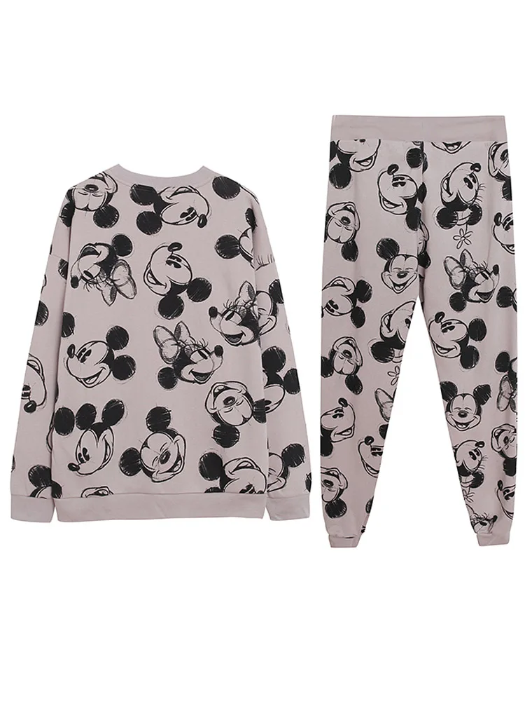 Disney-Jumper feminino Harajuku manga comprida com capuz, Minnie, Mickey Mouse, desenhos animados, moletom de esboço, tops, calças, calças, 1 conjunto