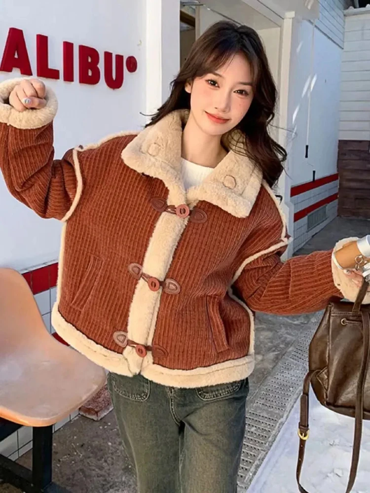 Women Corduroy Cropped Parkas Winter Faux Woolen Fur Collar Patchwork Coats Vintage Button Thick Warm Casual Retro Short Outwear