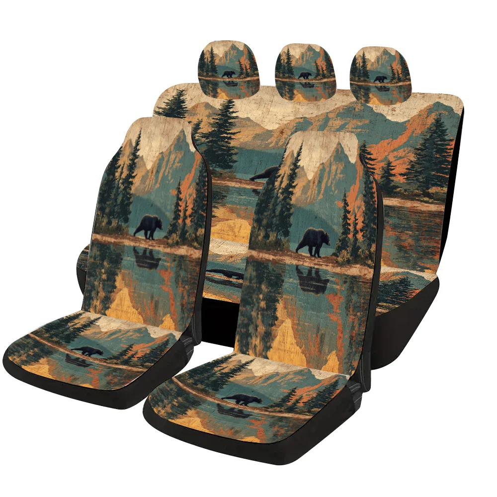 A Complete Set Of Car Seat Covers Featuring A Scenic Painting Of The Reflection Of Black Bear Mountain Lake, Suitable For Most V