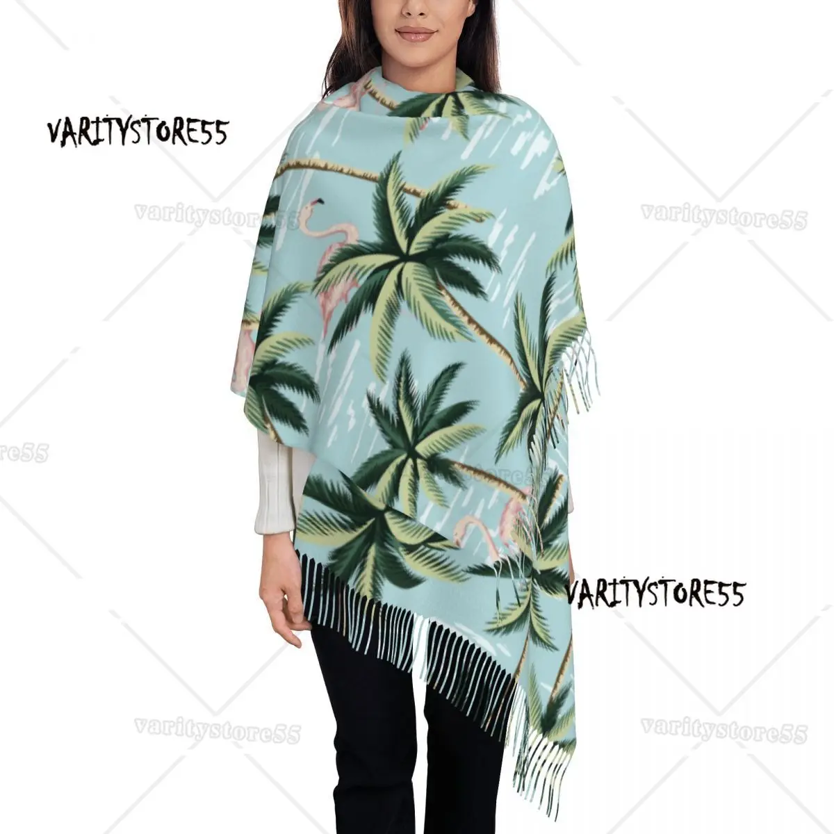 Personalized Printed Tropical Vintage Pink Flamingo And Palm Trees Long Pile Fringe Men Scarf Women'S Anti Chill Scarf