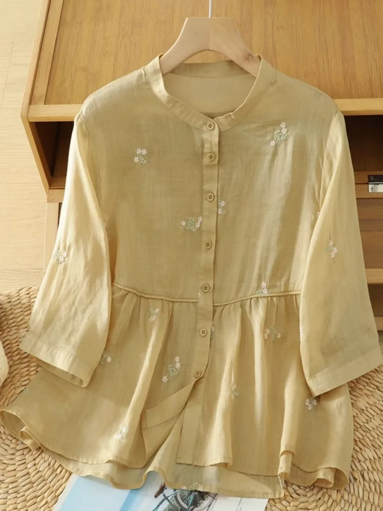 

6182 японский свежий стиль с цветочной вышивкой, льняная рубашка хорошего качества для женщин, летняя мода, тонкие дышащие блузки с короткими рукавами