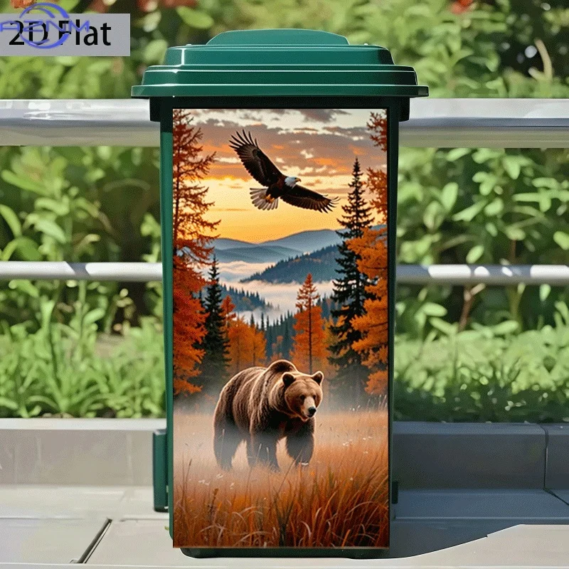 2D Flat Printing 1pc Trash Can Sticker  Autumn Forest Bear and Eagle Dancing Together Themed Design Self-Adhesive Decorative W