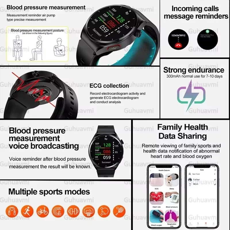 Smart Watch Medical Grade ECG+PPG+HRV Airbag Type Three High Health Monitoring Smartwatch SpO2 BP Heart Rate Body Temperature