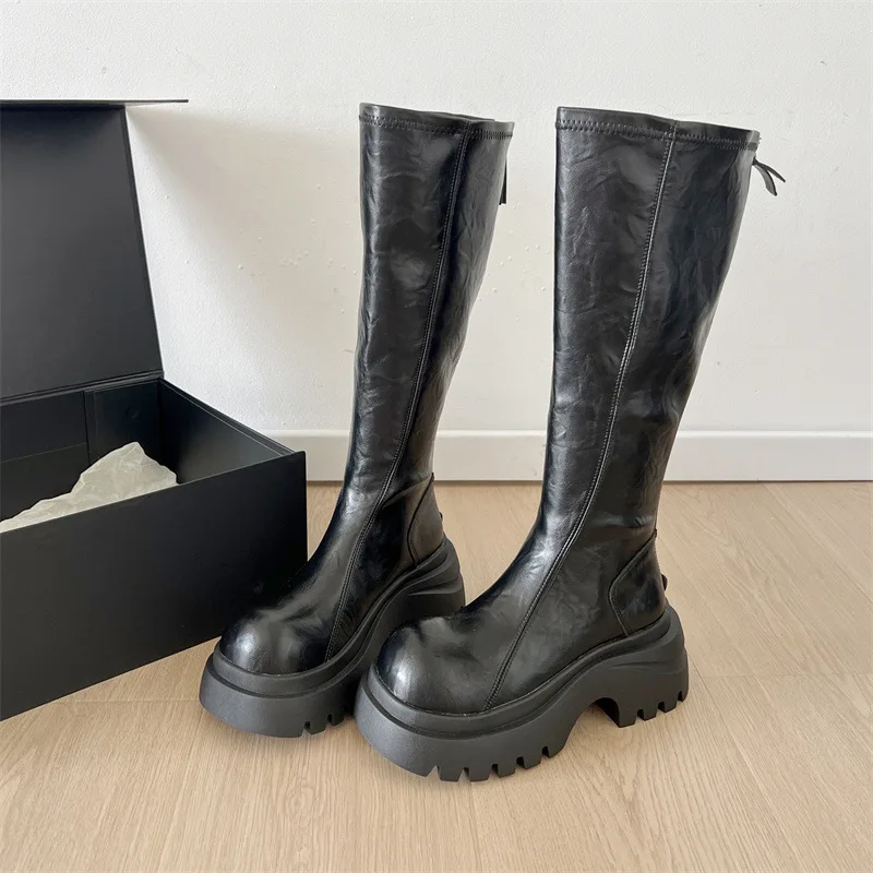 Women's Knee-High Leather Boots, Round Toe, Thick Sole And Heel, Riding Style, Black And Brown_voghion.com