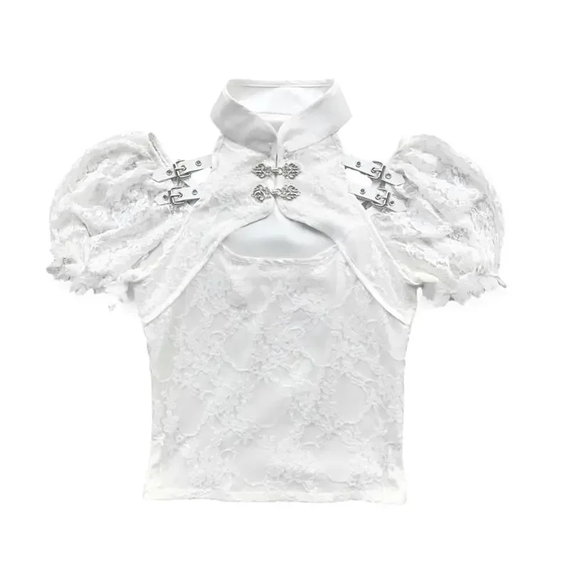 Chinese Design White Lace Short Bubble Sleeve Blouse Shirt Hollow Out Retro Party Gothic Sexy Sweet Girl Tuxedo Top Blusa