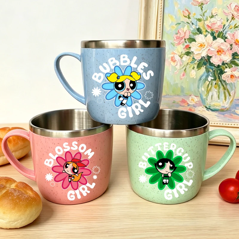 The Powerpuffs Girls Water Cup Kids Kawaii Stainless Gargle Toothbrush Cups Children Breakfast Coffee Milk Mug Best Friend Gift