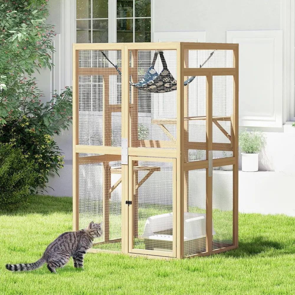 

Outdoor Cat Enclosure Window Access, Cat House Shelter, Kitty Cage with Hammock for Patio Indoor Wood