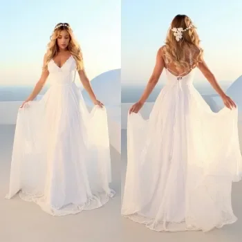 Elegant Boho Women Straps Long Wedding Dresses 2025 Wedding Gown V Neck Lace Bohemian Slim Fit Party Sexy Bride Dress Cheap