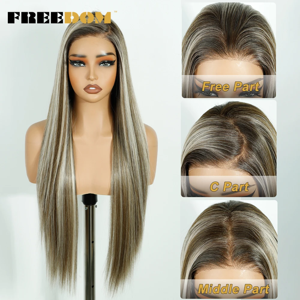 

FREEDOM Synthetic Lace Front Wigs For Women 13x4 Pre Plucked Lace Frontal Wig Wear And Go Ombre Brown Blonde Pre-cut Lace Wig