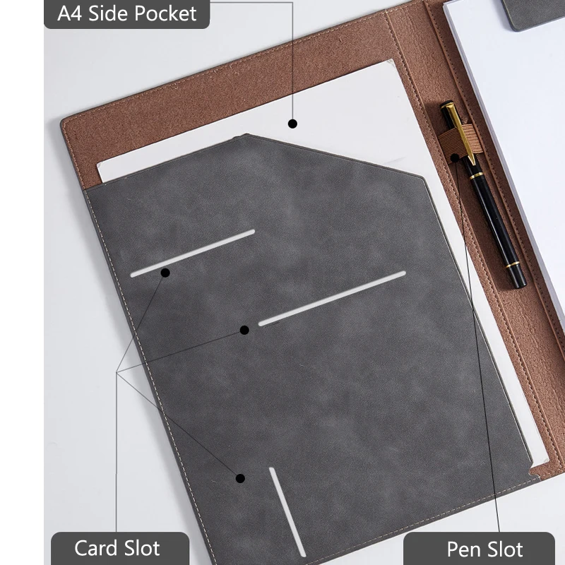Black A4 Conference Leather Portfolio Folder Magnetic Clipboard Multifunctional Document Holder Desk Organizer Office Supplies view 3