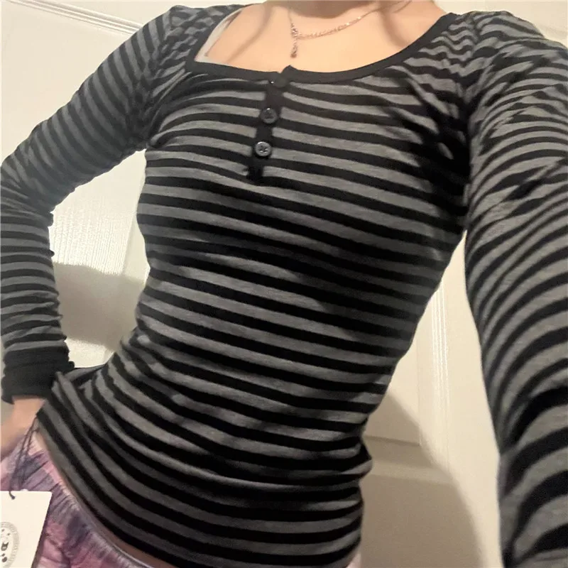 Y2K Striped Woman's T-shirt Goth American style Long Sleeve Top Vintage Harajuku Slim Black Pullover Spring Autumn Daily Clothes