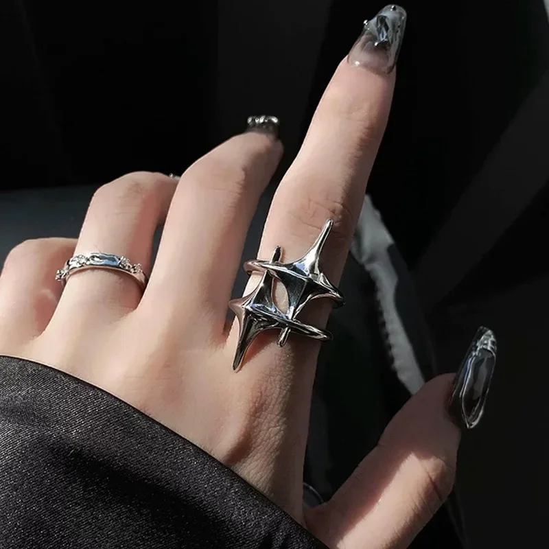 Y2K Hip Hop Silver Color Copper Stars Open Rings for Women Men Fashion Adjustable Couple Rings Vintage Ring Jewelry Gift
