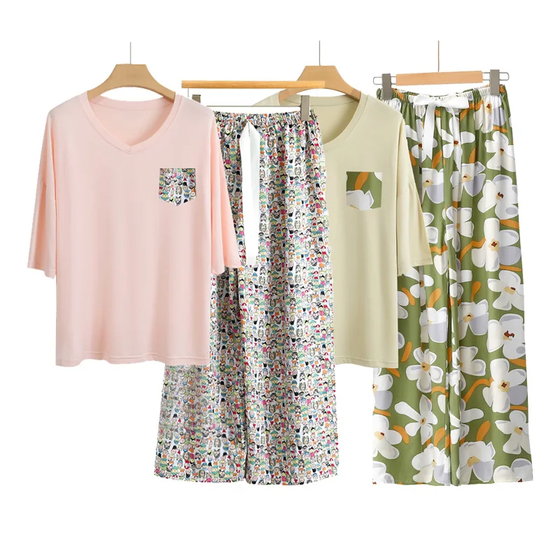 2PCS Women Pajama Suit Printing Soft Modal Splicing Pijama Mujer Femme Loose Nightwear Female Casual wide leg home clothes Set