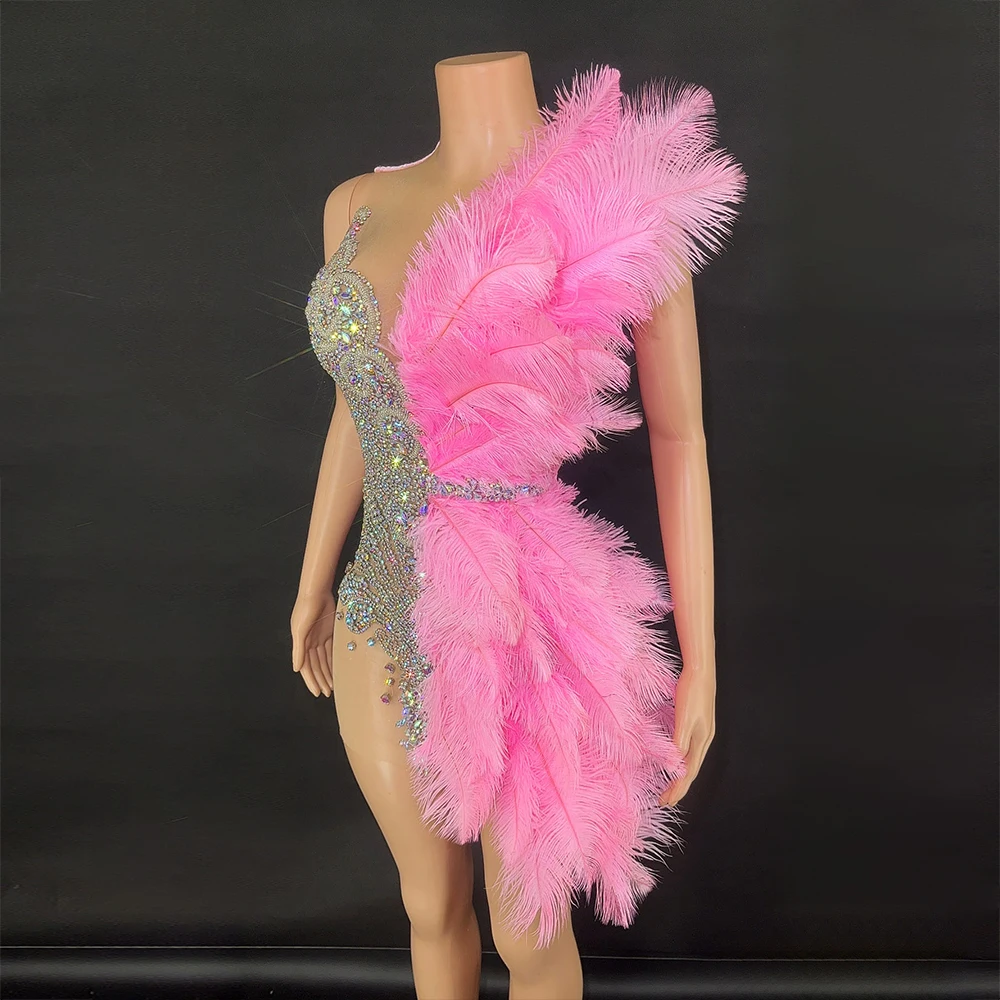 Robe de Soirée Personnalisée en Maille de Plumes et Dentelle, Tenue Transparente à Haute artificiel asticité, Manches Courtes, Perle, Sexy, Moulante, pour Spectacle sur Scène, Nouvelle Collection