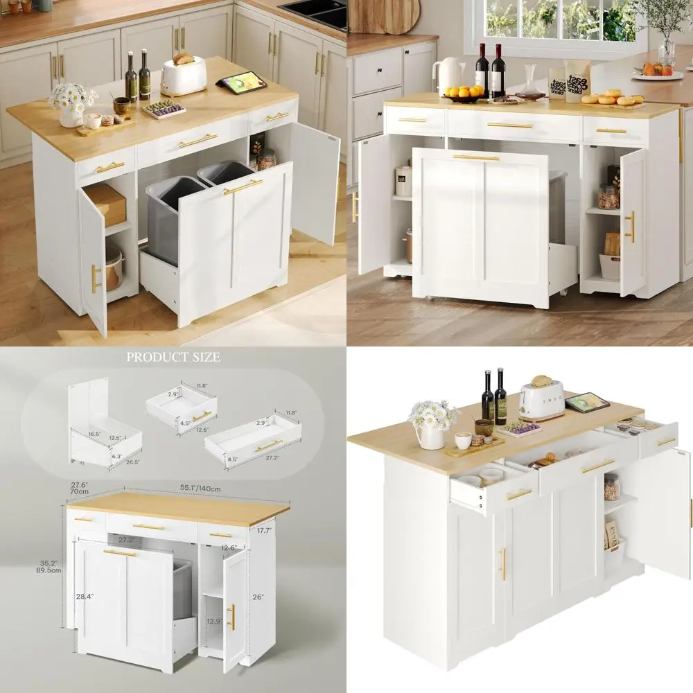 

"55-inch rolling kitchen island with drop leaf and modular double 10-gallon trash can cabinet"