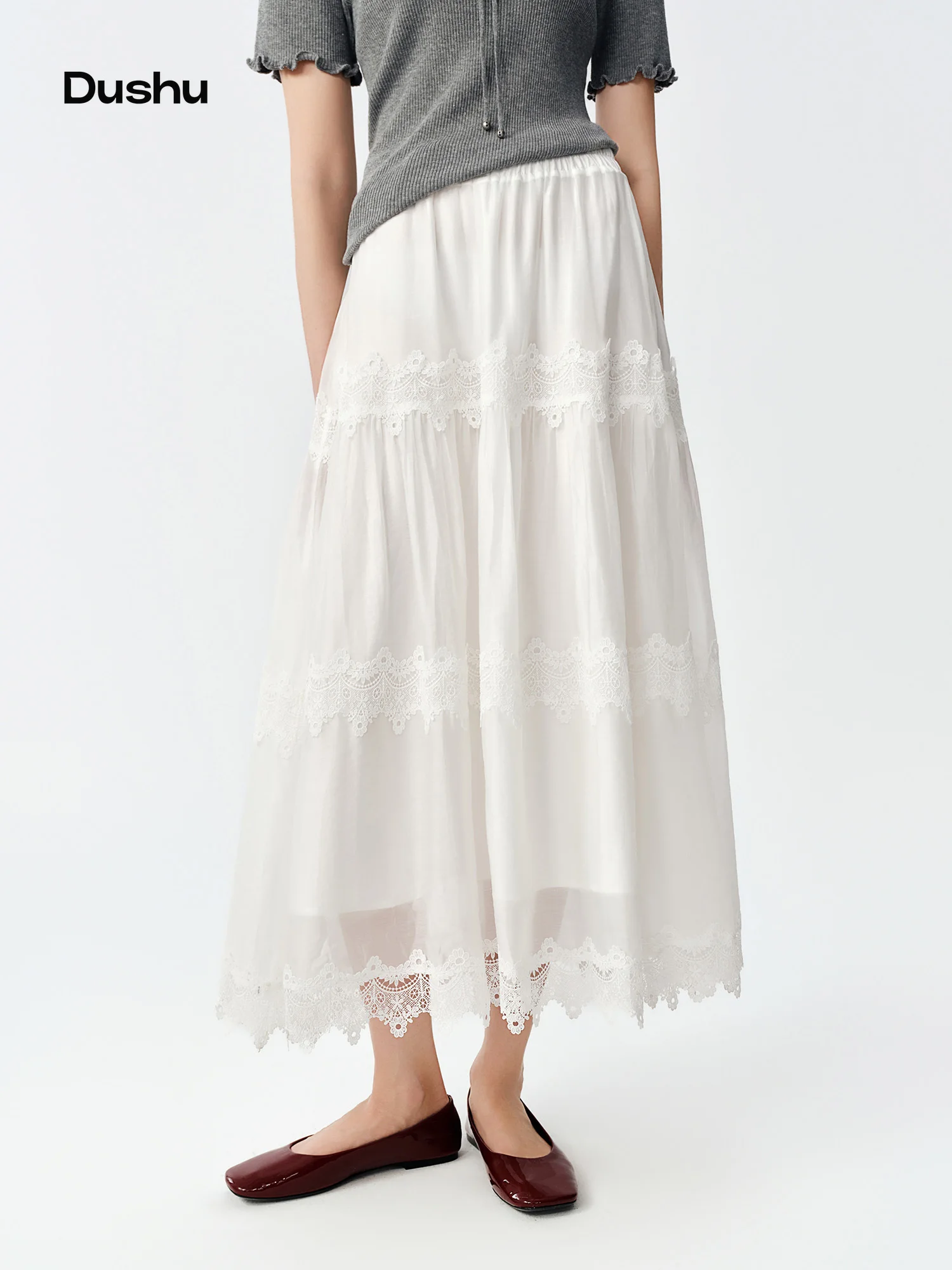 DUSHU White Lace-trimmed Cake Skirt Women New Autumn Mid-calf Loose Fit A-line Skirt Korean Style Elastic Waist Ulzzang BF Ins