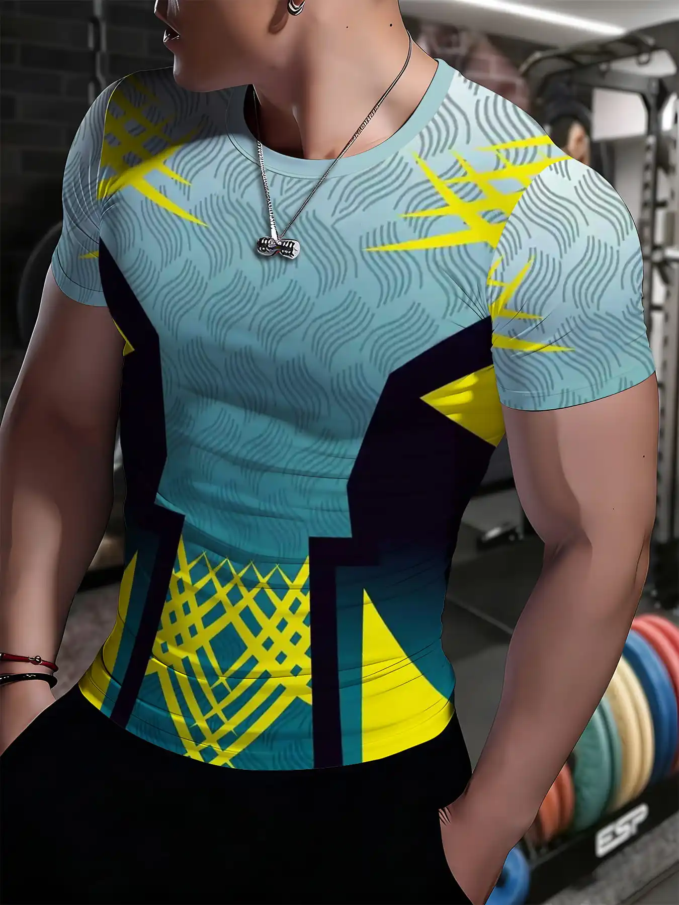 Men Quick Dry Compression Tee Cyan Yellow Geometric Print Gym Fitness Short Sleeve Top