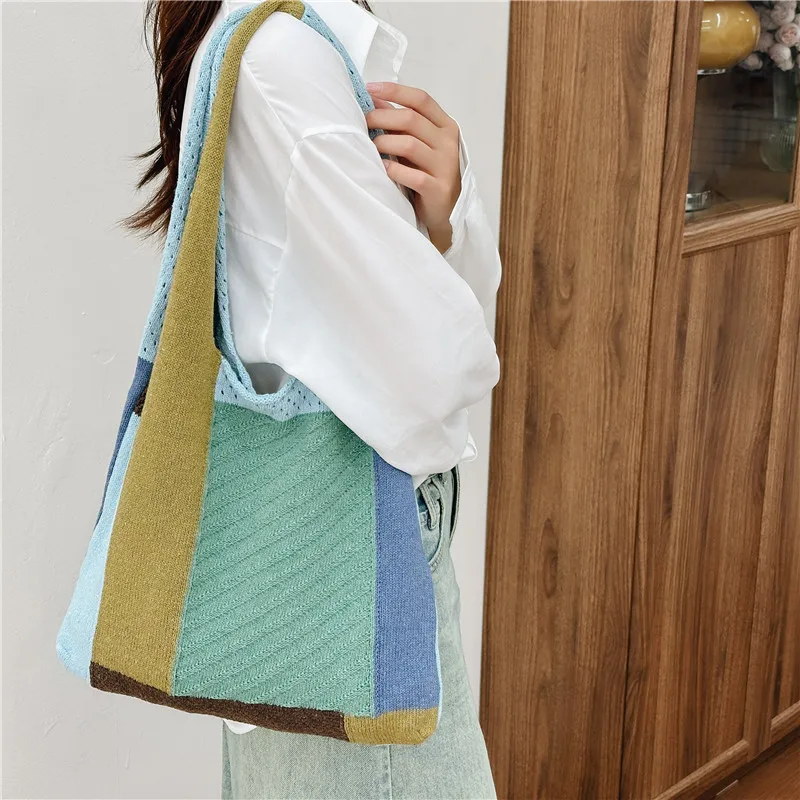 Bags for Women 2023 Autumn New Fashionable Striped Retro Mori Concave Shoulder Bag Casual Simple Knitting Bags for Women