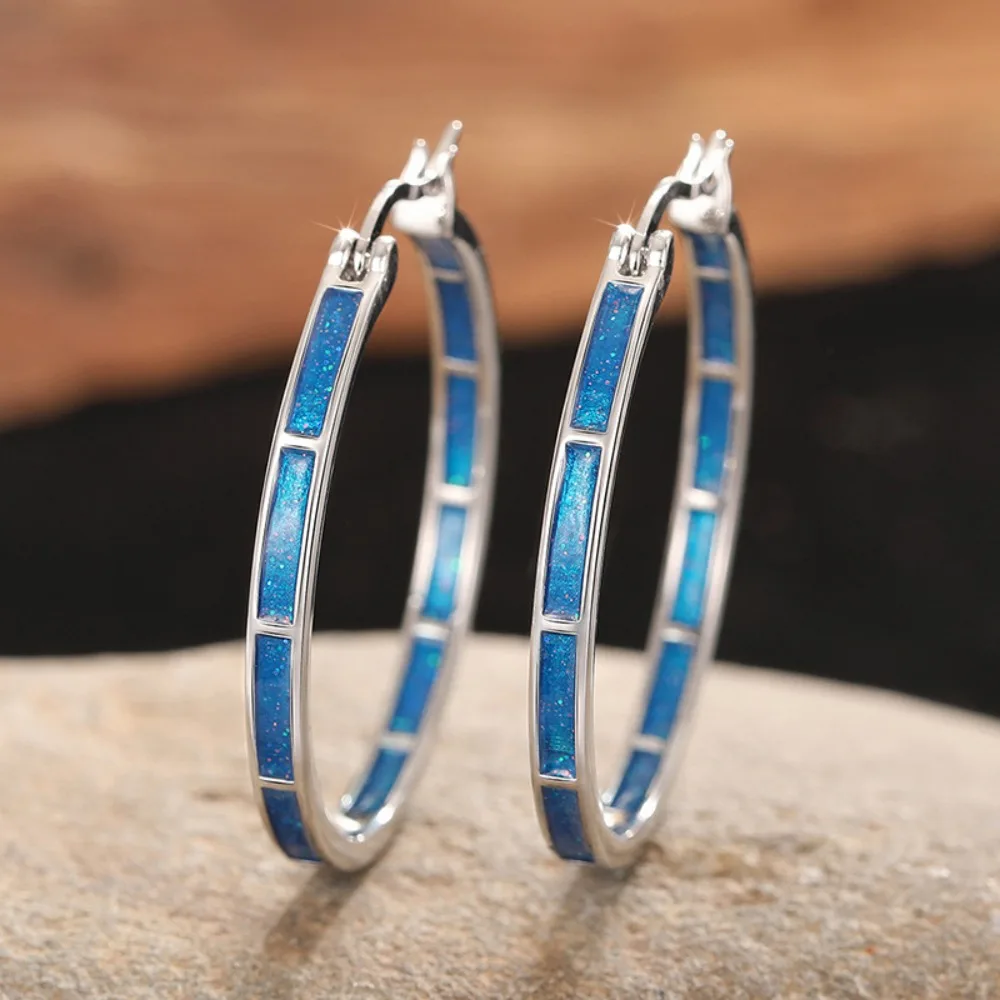Simple Dainty Segmented Rectangle Huggie Hoop Earrings Blue White Two Color Leverback Earrings for Women Casual Beach Jewelry