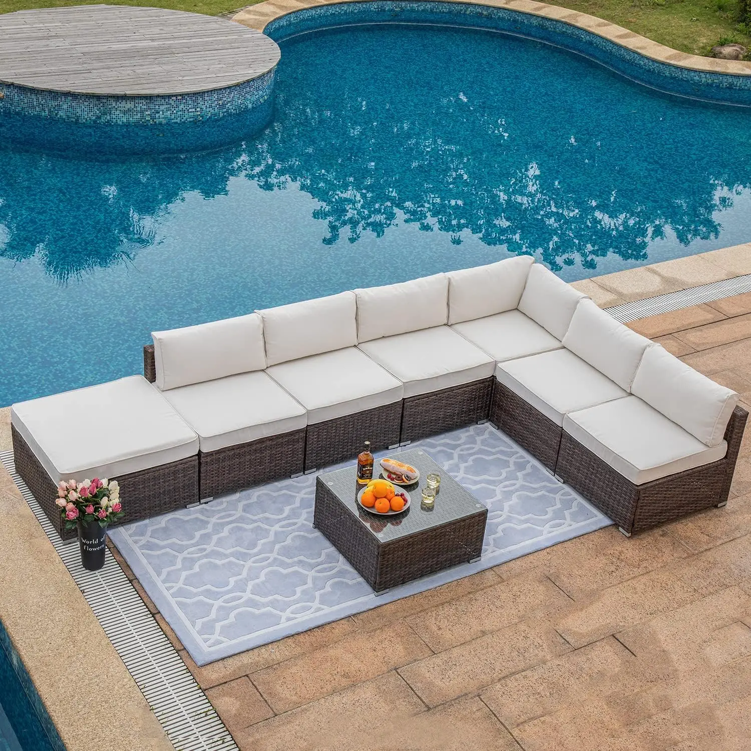 Outdoor Furniture Warm Wicker Family Sectional Sofa w Thick Cushions, Glass Top Coffee Table,Ottomans, Floral Fantasy Pillows