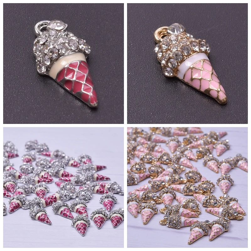 10pcs/lot Enamel Pink Ice Cream Charm Rhinestone Sweet Cute Gril Diy Earring Pendant Charm for Jewelry Making Finding Materials