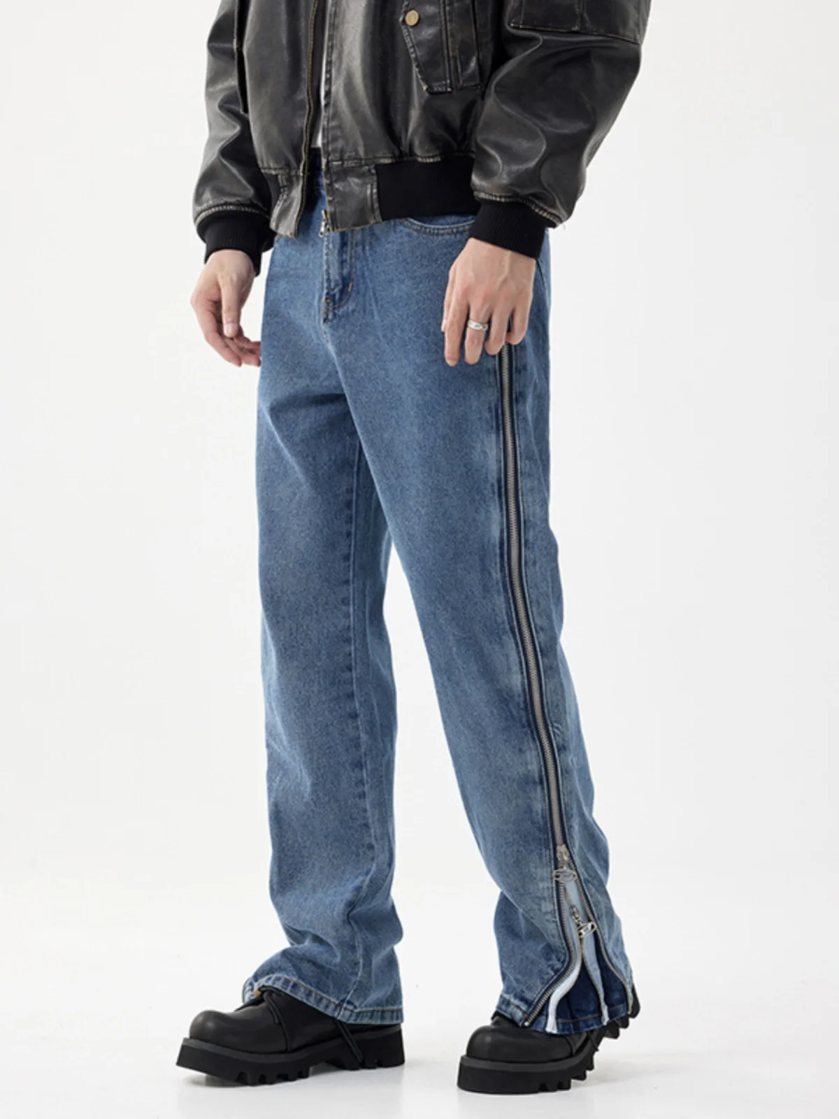 

American Casual Trendy Brand Zipper Jeans Men's Loose Straight Cut Personalized Splicing Autumn Winter Long Trousers