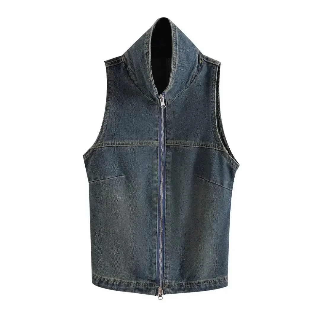 

Women's 2024 New Fashion Double Head Zipper Design Casual Stand Neck Denim Top Retro Sleeveless Women's Waistcoat Chic Top